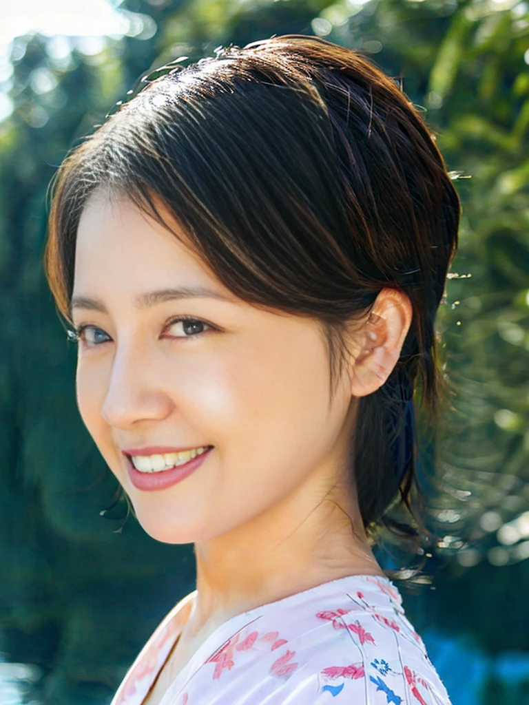 最high quality, masterpiece, High resolution, 1 personの女の子,1 person、Swimwear,Beautiful Face,Realistic, Rim Light,,(Skin with attention to detail:1.2), 8K Ultra HD, Soft lighting, high quality, High resolution, 4K, 8K, Big Breasts、Natural smile、hot spring、Small waist、sticking forward、積の小さいSwimwear、whole body、Shortcuts、Micro Bikini