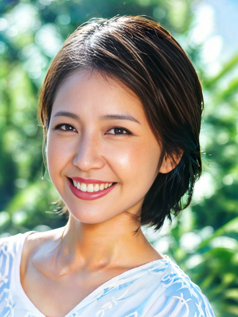 最high quality, masterpiece, High resolution, 1 personの女の子,1 person、Swimwear,Beautiful Face,Realistic, Rim Light,,(Skin with attention to detail:1.2), 8K Ultra HD, Soft lighting, high quality, High resolution, 4K, 8K, Big Breasts、Natural smile、hot spring、Small waist、sticking forward、積の小さいSwimwear、whole body、Shortcuts、Micro Bikini