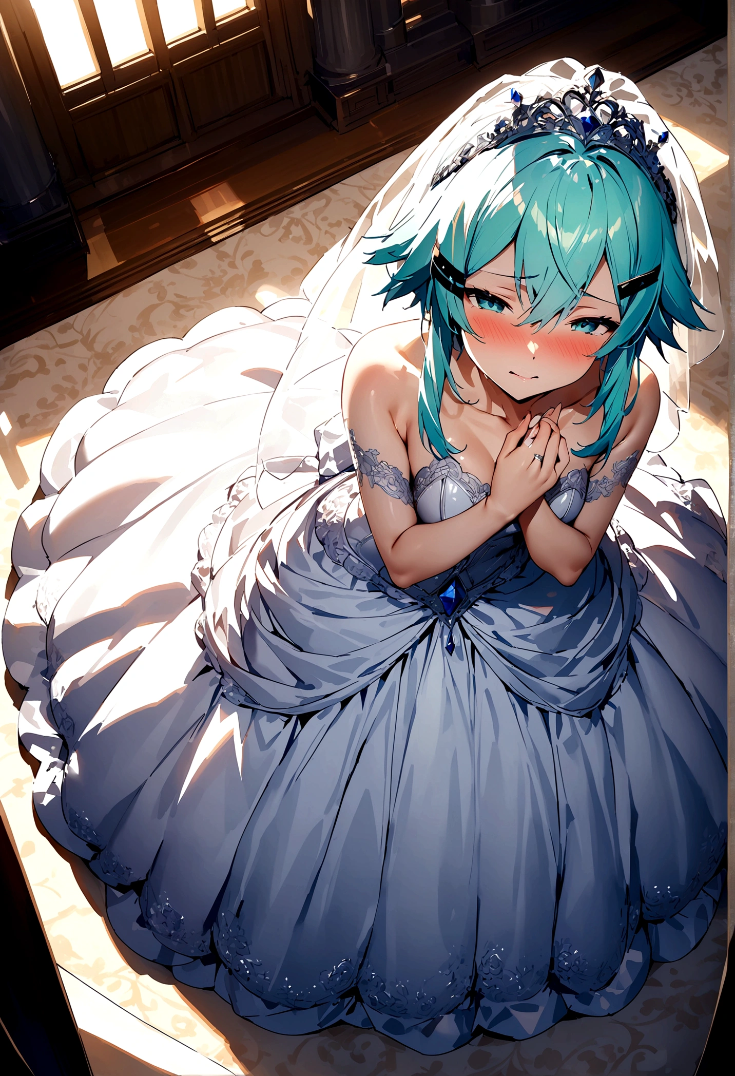NSFW,masterpiece,Highest quality,High resolution,Super detailed,Sinon,(High quality sexy wedding dress),High-quality wedding lingerie,Wedding Veil,tiara,gem, hair ornaments, Hair Clip,wedding ring,Embarrassed,expectant face,(Lust),(Kissing Face)(full body visible) (full body art)(full dress visible) (full dress visible art),blush,Church at night in the moonlight,Luxurious Room,wedding,From above,Open ~ eyes