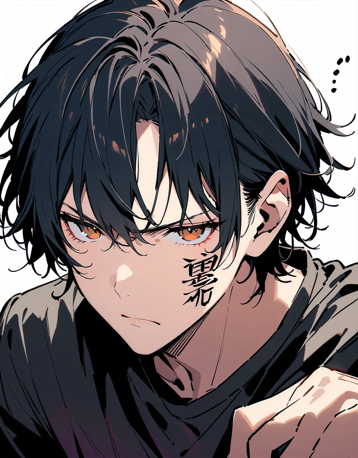 Highest quality、Very high quality、high resolution、Serious face,extremely delicate writing,(Detailed face), (Fine grain),male,beautiful, 1 person, , Black Hair, Brown eyes, Black Shirt,