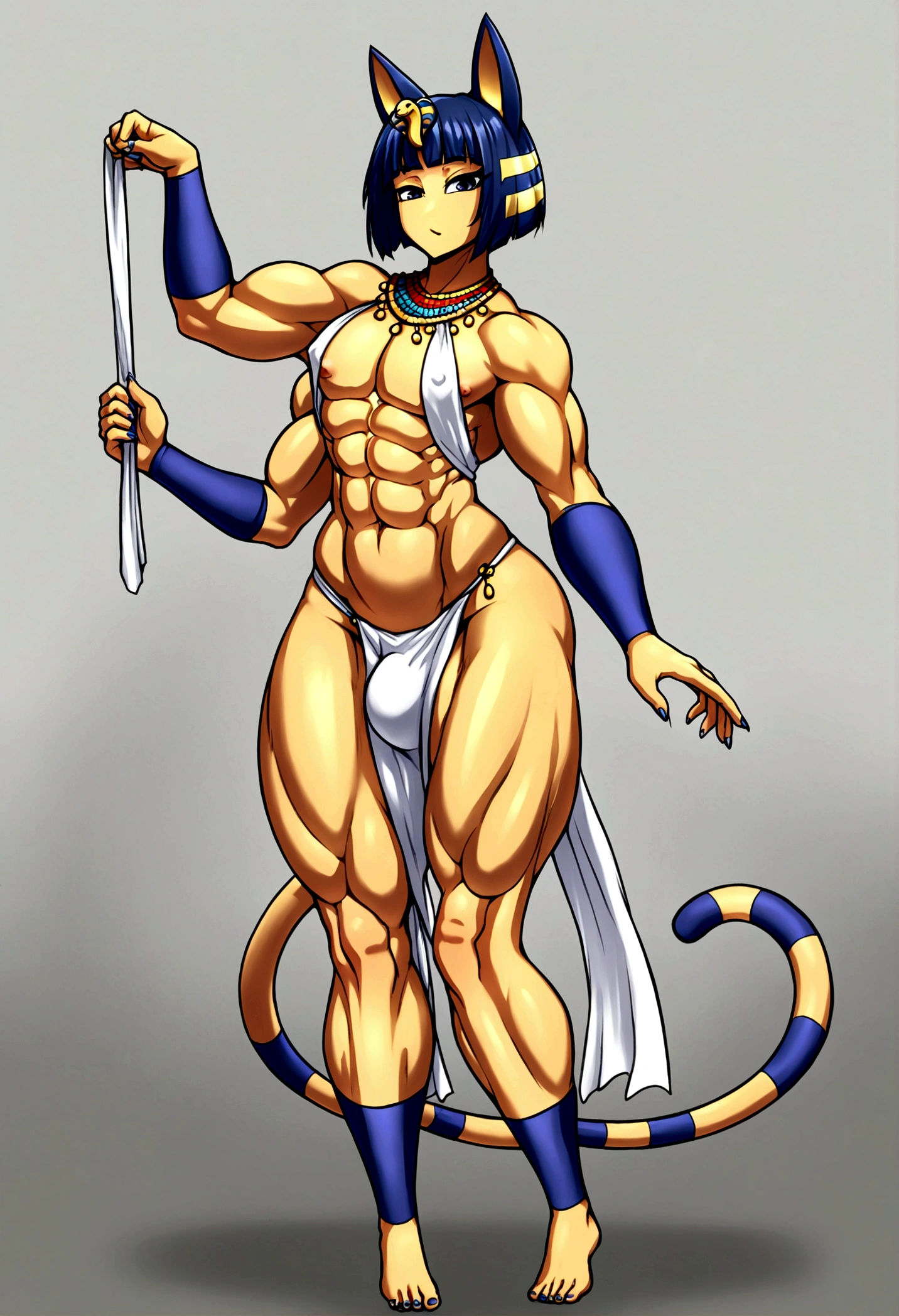 Ankha Shiranui femboy, gigantic muscular body, 4 arms, full body.
