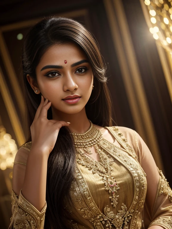 ultra-realistic photographs,Bangladeshi Instagram female model,mid 20s,9:16,mid-shot,beautiful detailed eyes,detailed lips,longeyelashes,black stylish hair, naturally full eyebrows,perfectly formed nose,expressive face,attractive appearance,candid photo,vibrant and colorful dress, heavily embroidered dress, light mirror background, serene atmosphere,stunning architecture,soft and natural lighting,vivid colors,photorealistic,HDR,highres,studio lighting,ultra-detailed,bokeh