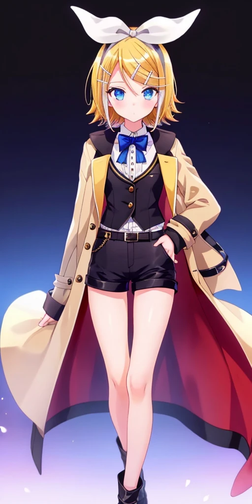 one girl, Kagamine Rin, cool, blue eyes, butler costume, black short pants, cross dressing, coat, leg belt, fascinating thighs 