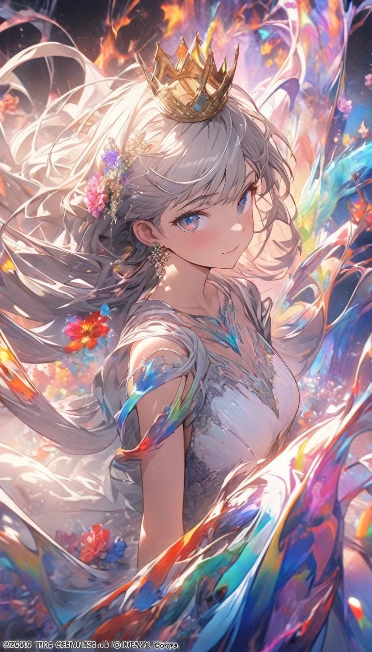 (masterpiece, Highest quality, Highest quality, Official Art, beautifully、beautiful: 1.2), One Girl, Black and Red, Very detailed, (Fractal Art: 1.1), (colorful: 1.1) (flower: 1.3), Supreme detail, (Tangled: 1.2), (Dynamic pose), (Abstract background: 1.3), (Shiny skin), (Many colors: 1.4), (Earrings), (feather: 1.2), ( Flame effect: 1.3), Emerald, Silver Hair, Enveloped in Light, Detailed Background, Black lace dress, Crown , 赤いflower, Vivid eyes,Heavenly Man,There is a ring on the back
