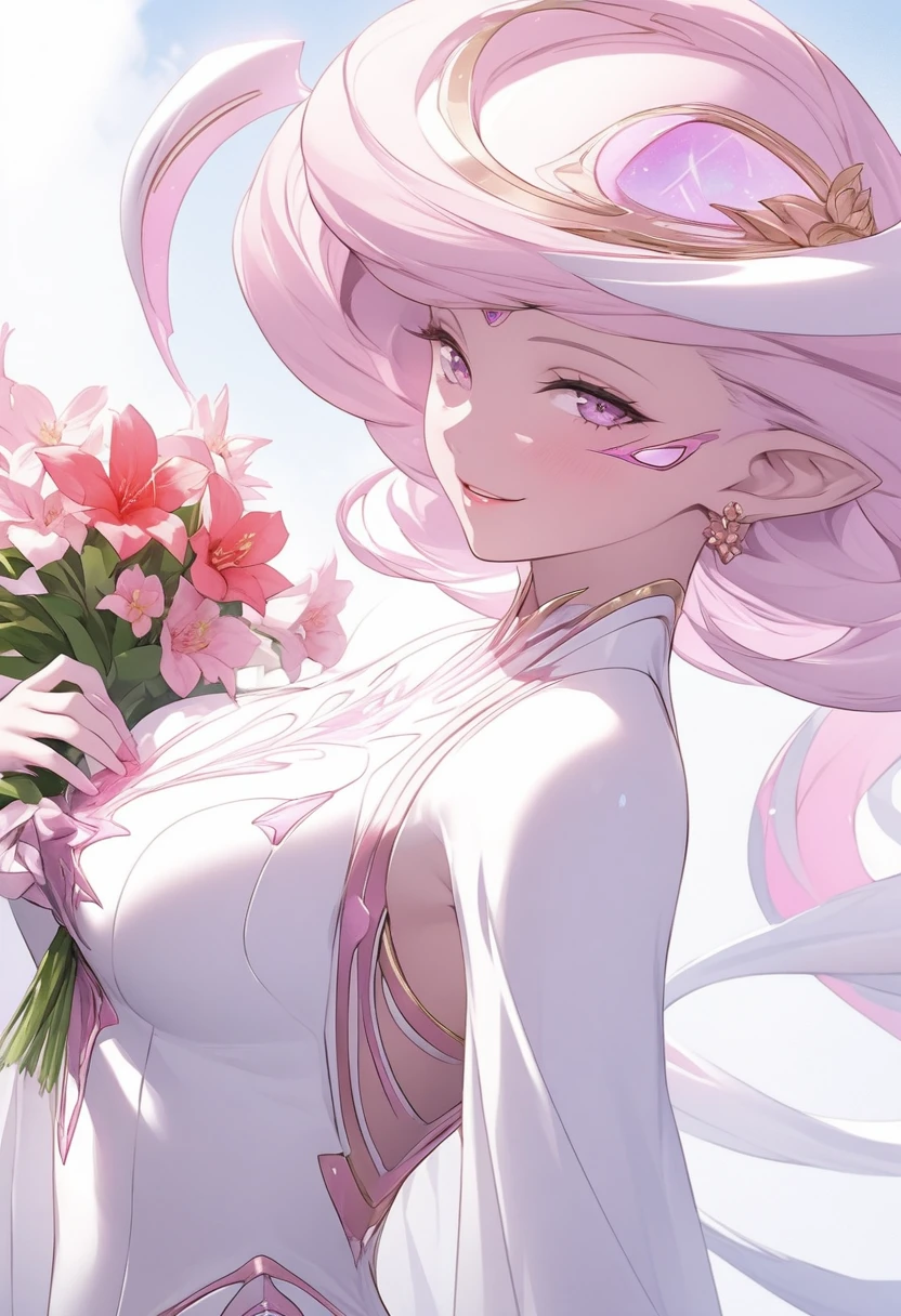 Create an anime-style illustration of a pink-skinned alien stepmom. She should have a striking and beautiful appearance, combining sweetness, care, and sexiness. Design her with sleek, flowing garments that highlight her figure, incorporating elegant and futuristic details. Her facial expressions should be gentle and warm, showcasing her nurturing side. The background should be a vibrant, futuristic alien world, with advanced technology and exotic flora, enhancing her extraterrestrial origins