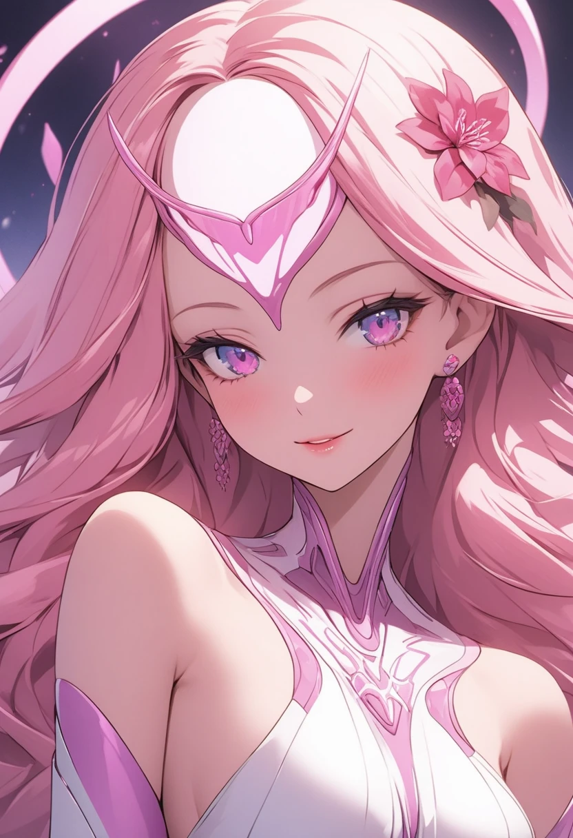 Create an anime-style illustration of a pink-skinned alien stepmom. She should have a striking and beautiful appearance, combining sweetness, care, and sexiness. Design her with sleek, flowing garments that highlight her figure, incorporating elegant and futuristic details. Her facial expressions should be gentle and warm, showcasing her nurturing side. The background should be a vibrant, futuristic alien world, with advanced technology and exotic flora, enhancing her extraterrestrial origins