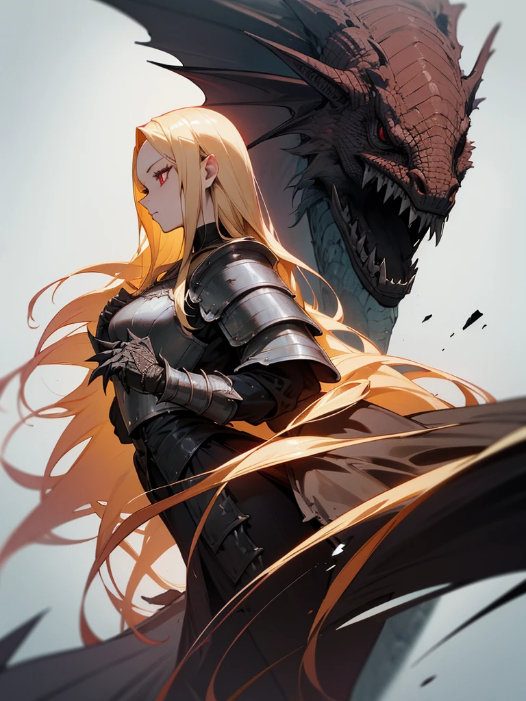 An adult woman with long blonde hair and red eyes. She would have dragon features: wings and sharp pupils like a dragon.
She would also wear dark souls-style body armor.
Artwork based on dark souls, gothic style.