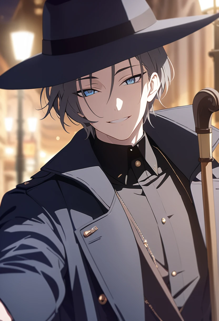 masterpiece,best quality,depth of field,8K,looking at the viewer,dark gray hair,blue eyes,man,close,Street lamp,black long coat,square black panama hat,stylish cane,smiling,male,(charismatic eyes 1;1),wseifuku,chic,