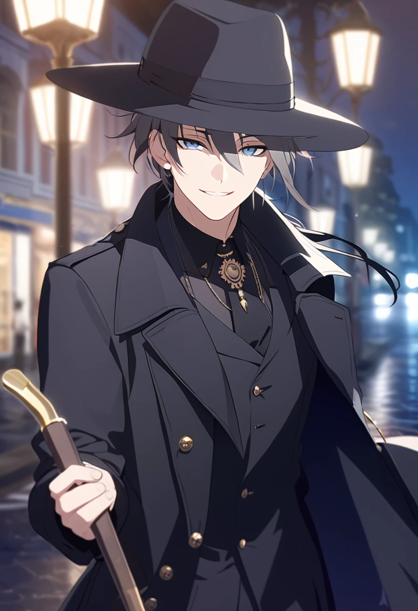 masterpiece,best quality,depth of field,8K,looking at the viewer,dark gray hair,blue eyes,man,close,Street lamp,black long coat,square black panama hat,stylish cane,smiling,male,(charismatic eyes 1;1),wseifuku,chic,