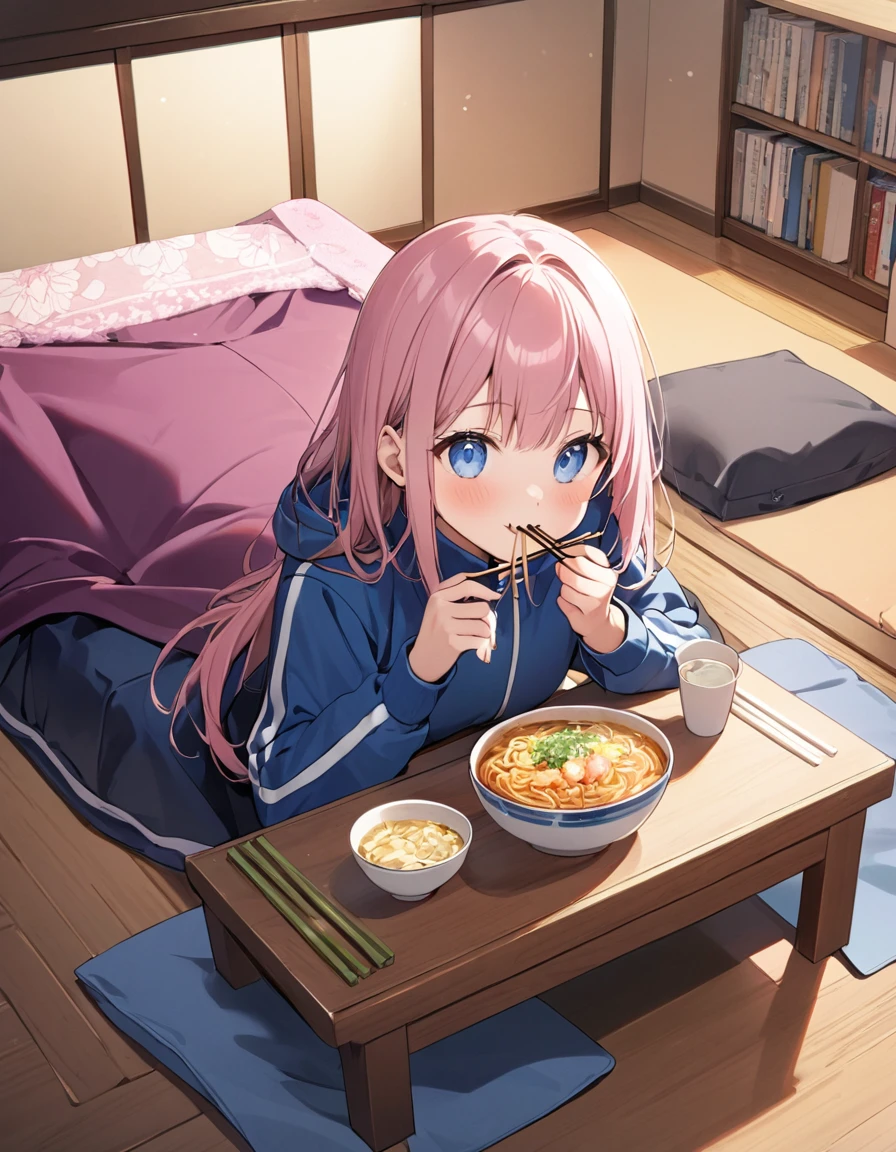 (8K, best quality, master piece: 1.2), super high resolution,1 cute girl,16yo,独奏,ultra-detailed face,detailed eyes,blue eyes,happy,Lily Pink hair,Straight hair,Long hair,Tracksuits,seiza at a table,perfect hands, perfect fingers,holding chopsticks,eating udon in a bowl,(kotatsu:1.1),indoors,A bookshelf lined with manga,(under kotatsu:1.2),room