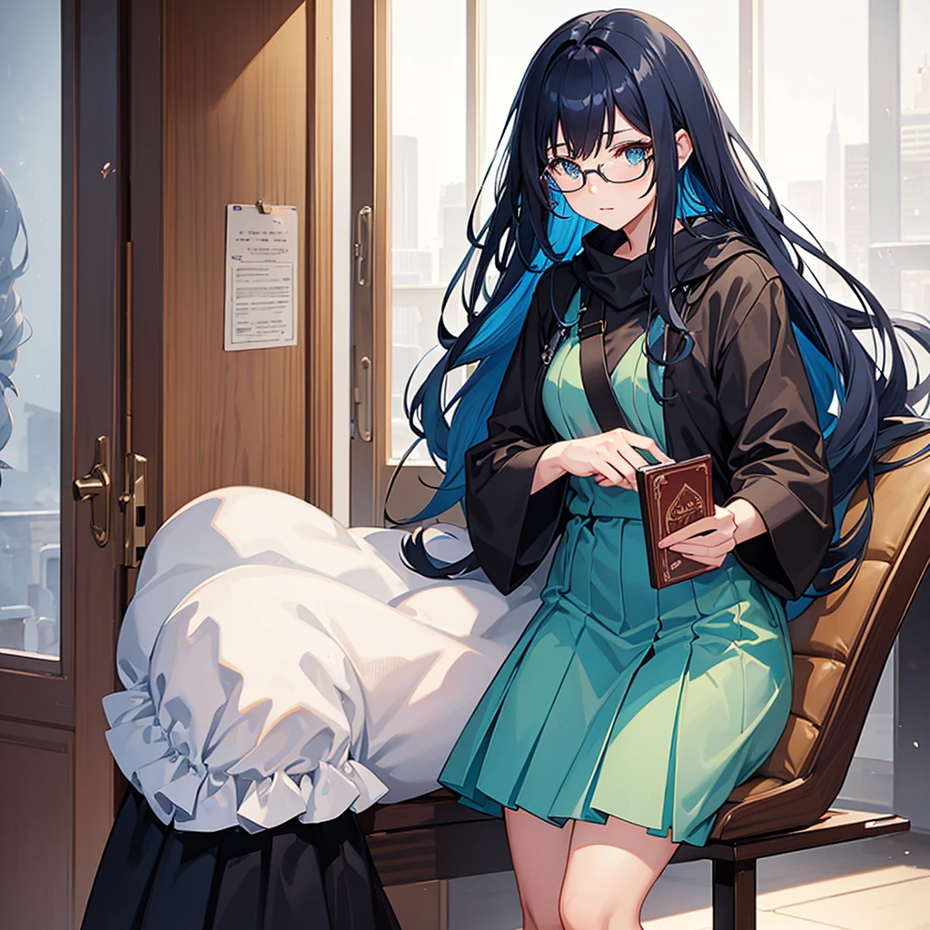 A girl with long dark blue hair with turquoise locks, She wears glasses and is pale, her eyes are dark blue, she dresses formally and is holding a book. 