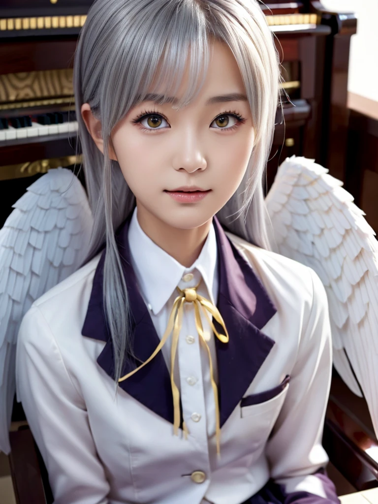 (Highest quality、4K、8K, masterpiece:1.3), Ultra detailed face, Detailed lips, Detailed eyes, double eyelid, 
BREAK, 
(extreme  close up:1.75), High angle,
BREAK,
1girl, 18 years old, short height, tachibana kanade, silver hair, short height, 
BREAK
(yellow eyes), white hair, long hair, bangs, hair pulled back,
BREAK,
looking at viewer, ((playing piano)),
photo background, photo inset, dusk, outdoors, spring, wind, falling petals, sunlight, skyline, 
BREAK
schooluniform, jacket, blazer, long sleeves, neck ribbon, gem, necklace, pleated skirt, kneehighs, loafers,
(((Angel wings spread wide on the back))),
