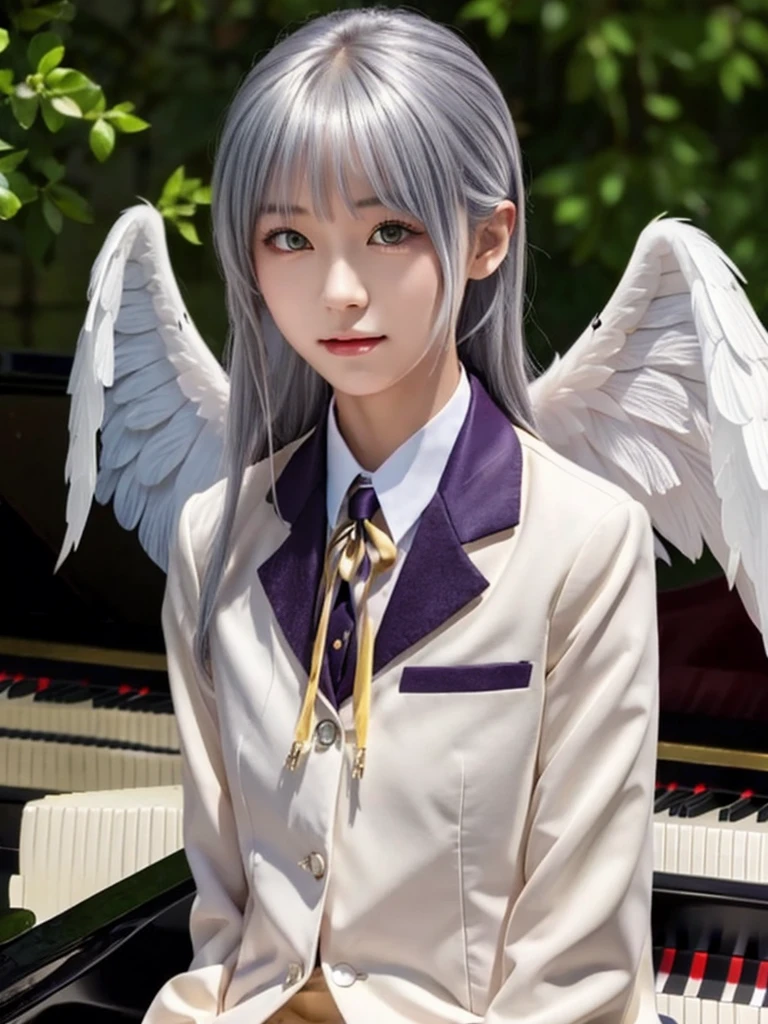 (Highest quality、4K、8K, masterpiece:1.3), Ultra detailed face, Detailed lips, Detailed eyes, double eyelid, 
BREAK, 
(extreme  close up:1.75), High angle,
BREAK,
1girl, 18 years old, short height, tachibana kanade, silver hair, short height, 
BREAK
(yellow eyes), white hair, long hair, bangs, hair pulled back,
BREAK,
looking at viewer, ((playing piano)),
photo background, photo inset, dusk, outdoors, spring, wind, falling petals, sunlight, skyline, 
BREAK
schooluniform, jacket, blazer, long sleeves, neck ribbon, gem, necklace, pleated skirt, kneehighs, loafers,
(((Angel wings spread wide on the back))),
