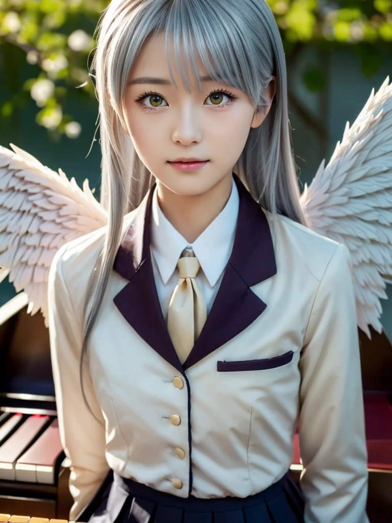 (Highest quality、4K、8K, masterpiece:1.3), Ultra detailed face, Detailed lips, Detailed eyes, double eyelid, 
BREAK, 
(extreme  close up:1.75), High angle,
BREAK,
1girl, 18 years old, short height, tachibana kanade, silver hair, short height, 
BREAK
(yellow eyes), white hair, long hair, bangs, hair pulled back,
BREAK,
looking at viewer, ((playing piano)),
photo background, photo inset, dusk, outdoors, spring, wind, falling petals, sunlight, skyline, 
BREAK
schooluniform, jacket, blazer, long sleeves, neck ribbon, gem, necklace, pleated skirt, kneehighs, loafers,
(((Angel wings spread wide on the back))),
