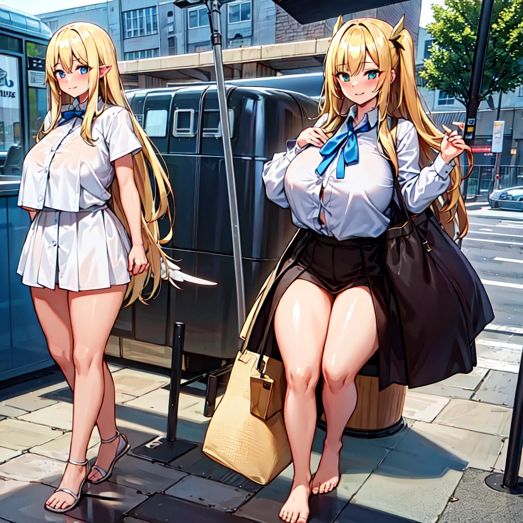 wariza,sitting,{full body},looking down,from below,{upskirt},dynamic angle, dynamic cut,naughty smile,macrophilia,{white wings},{angel},{very muscular},{very muscle},{very curvy},{very big woman},{very gigantic woman},{very tall woman},{very long legs},{very gigantic breasts},{very big breasts},{two side up},blonde hair,barefoot,cute dress shirt frills ribbon split corset skirt,best quality,solo,white background