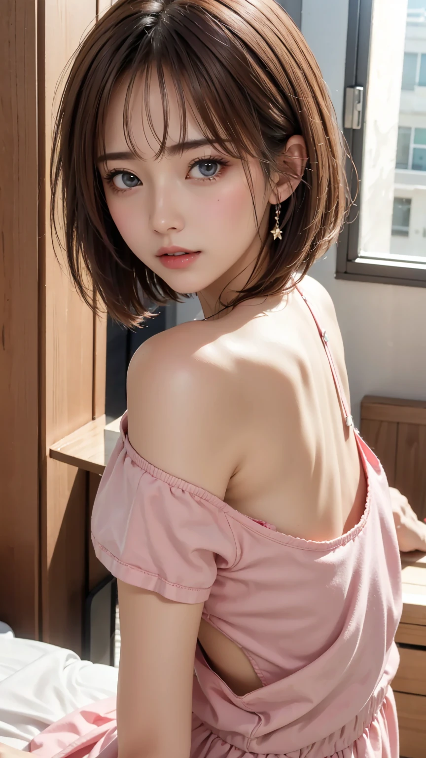 high grade quality,8K visual quality,high detail skin and eye, Small breasted married woman floating bra nipples,Square neck T-shirt、Pink clothes