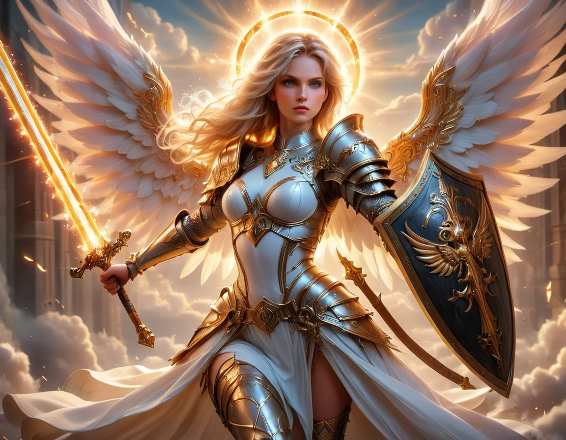 a ((medieval masterwork fresco art: 1.5)) Italian renaissance style, of a 1female angel knight, spread angelic wings, glowing halo soft light, full body shot, ultra detailed face, determined expression, angel of justice and vengeance, blond hair, long hair, dynamic hair style, (wearing armor: 1.2), intricate details, wearing (thigh high heeled boots: 1.1) , (holding divine sword: 1.3), flaming sword, intense details, masterwork sword, dynamic background(Masterpiece: 1.5), Vibrant, Ultra-high resolution, High Contrast, (masterpiece:1.2), highest quality, Best aesthetics), best details, best quality, highres, ultra wide angle, 16k, [ultra detailed], masterpiece, best quality, (extremely detailed), intense gaze, faize, raging nebula, Saint,  drc_style