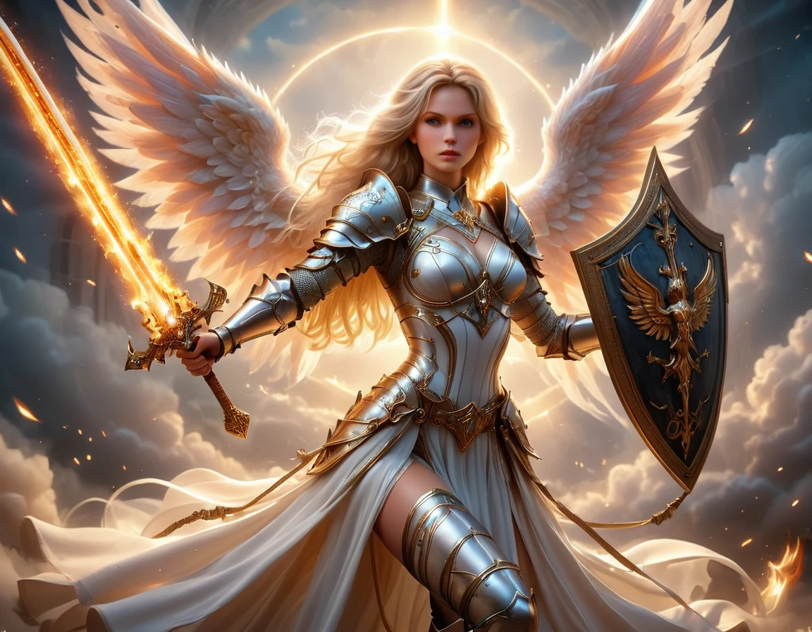 a ((medieval masterwork fresco art: 1.5)) Italian renaissance style, of a 1female angel knight, spread angelic wings, glowing halo soft light, full body shot, ultra detailed face, determined expression, angel of justice and vengeance, blond hair, long hair, dynamic hair style, (wearing armor: 1.2), intricate details, wearing (thigh high heeled boots: 1.1) , (holding divine sword: 1.3), flaming sword, intense details, masterwork sword, dynamic background(Masterpiece: 1.5), Vibrant, Ultra-high resolution, High Contrast, (masterpiece:1.2), highest quality, Best aesthetics), best details, best quality, highres, ultra wide angle, 16k, [ultra detailed], masterpiece, best quality, (extremely detailed), intense gaze, faize, raging nebula, Saint,  drc_style