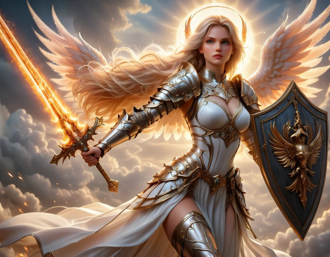 a ((medieval masterwork fresco art: 1.5)) Italian renaissance style, of a 1female angel knight, spread angelic wings, glowing halo soft light, full body shot, ultra detailed face, determined expression, angel of justice and vengeance, blond hair, long hair, dynamic hair style, (wearing armor: 1.2), intricate details, wearing (thigh high heeled boots: 1.1) , (holding divine sword: 1.3), flaming sword, intense details, masterwork sword, dynamic background(Masterpiece: 1.5), Vibrant, Ultra-high resolution, High Contrast, (masterpiece:1.2), highest quality, Best aesthetics), best details, best quality, highres, ultra wide angle, 16k, [ultra detailed], masterpiece, best quality, (extremely detailed), intense gaze, faize, raging nebula, Saint,  drc_style