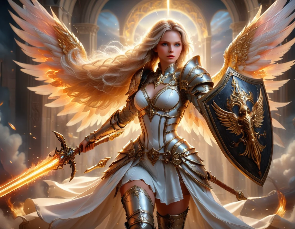 a ((medieval masterwork fresco art: 1.5)) Italian renaissance style, of a 1female angel knight, spread angelic wings, glowing halo soft light, full body shot, ultra detailed face, determined expression, angel of justice and vengeance, blond hair, long hair, dynamic hair style, (wearing armor: 1.2), intricate details, wearing (thigh high heeled boots: 1.1) , (holding divine sword: 1.3), flaming sword, intense details, masterwork sword, dynamic background(Masterpiece: 1.5), Vibrant, Ultra-high resolution, High Contrast, (masterpiece:1.2), highest quality, Best aesthetics), best details, best quality, highres, ultra wide angle, 16k, [ultra detailed], masterpiece, best quality, (extremely detailed), intense gaze, faize, raging nebula, Saint,  drc_style