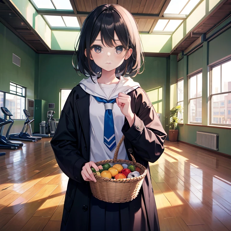 (masterpiece:1.2), highest quality, High resolution, black hair, Perfect lighting, Highly detailed CG, (Perfect hands, Perfect Anatomy)、buruma, taisofuku, 12-year-old girl, school gym, wooden floor, basketball coat, indoor, window