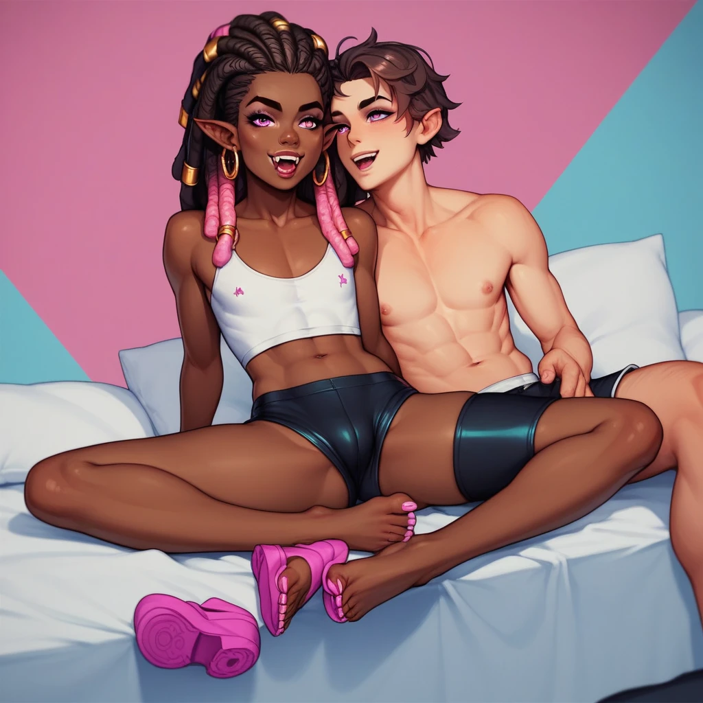 Best quality, highly detailed, ultra detailed, 1 very Dark brown skin boy, chocolate skin, flat chest, male chest, curvy body, long pink dreadlocks, pink dreadlocks, pink eyes, pointy ears on sides, fangs, sharp nails, lipgloss, wearing white croptop, biker shorts, feet, booty, bedroom background