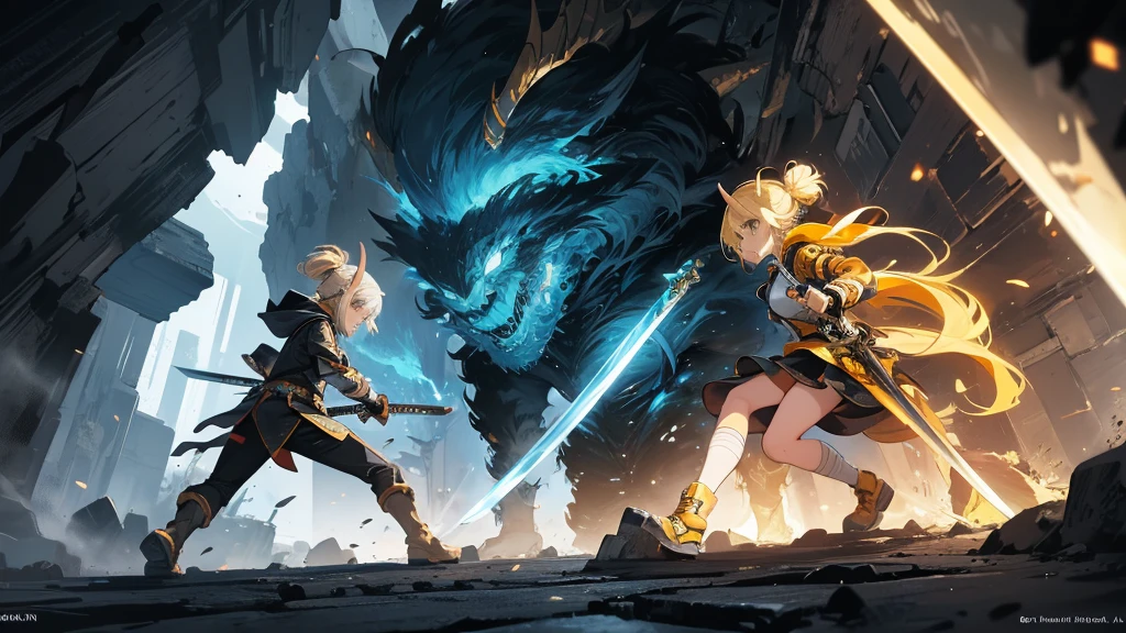 In the deepest part of the cave, a yellow-haired female swordsman with a long sword is fighting a horned monster.