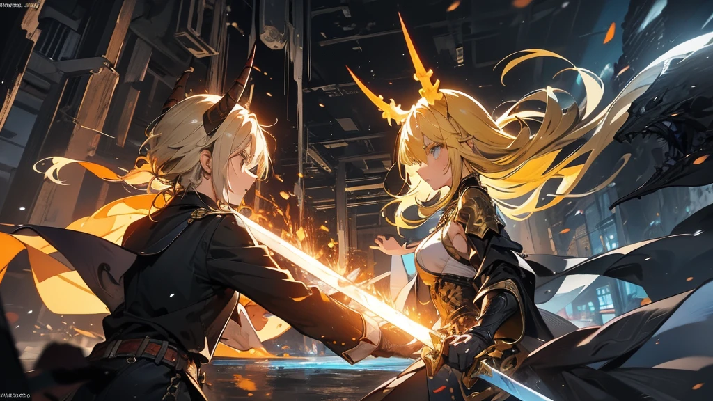 In the deepest part of the cave, a yellow-haired female swordsman with a long sword is fighting a horned monster.