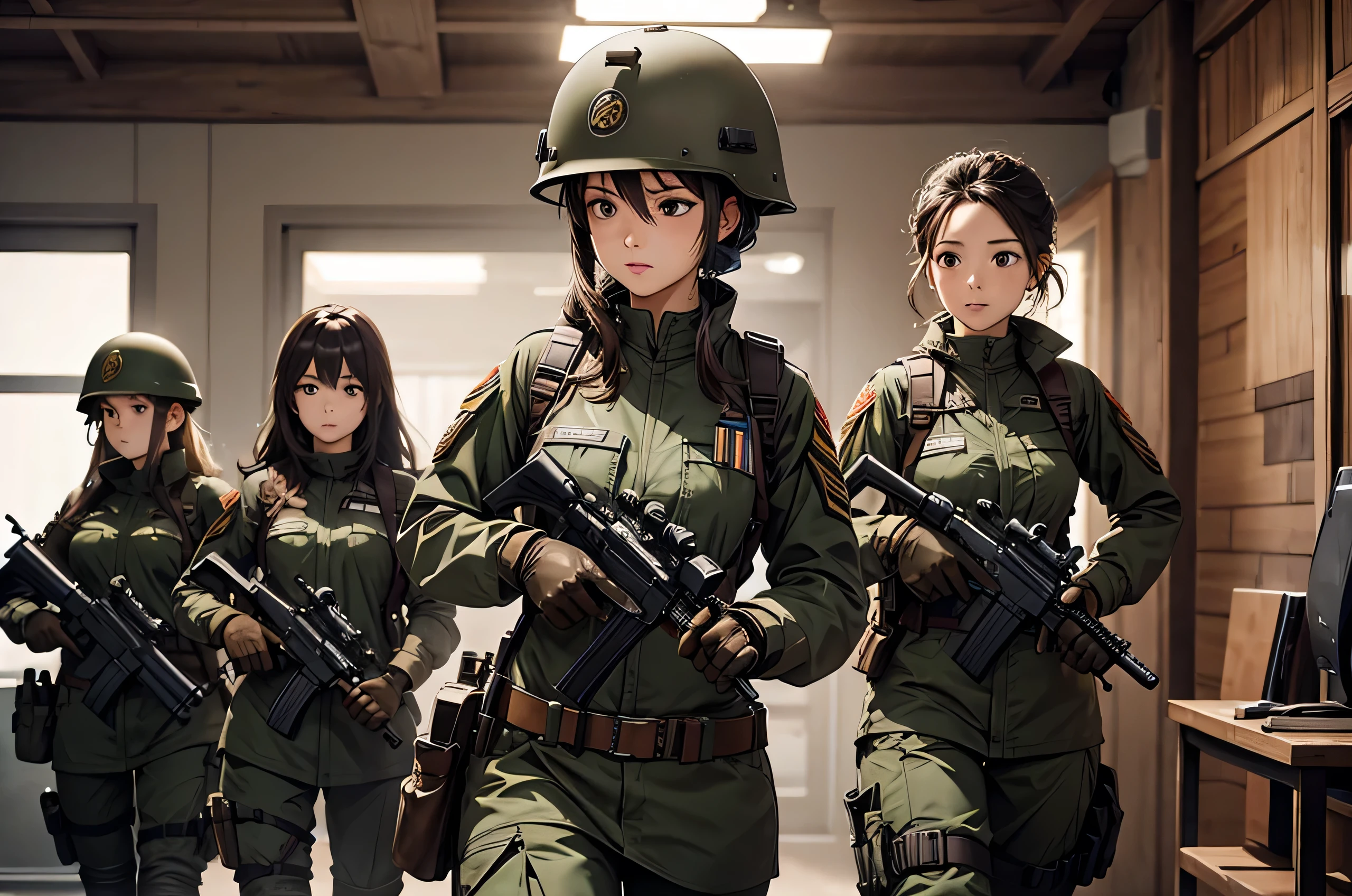 A group of female soldiers shooting with guns、Wearing dark brown military uniform、Wear a steel helmet、Brown Armour Belt、Gloves、Riding boots、best quality、indoor、Highly detailed CG、8K picture quality