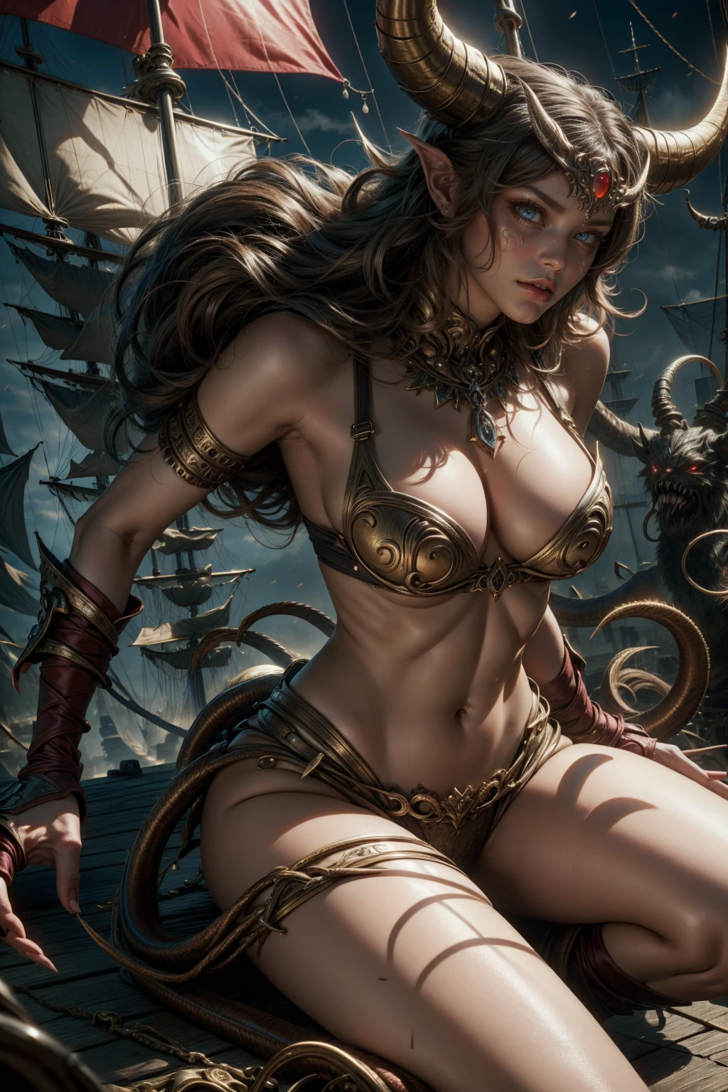 minotaur woman with horns, sexy on a pirate ship, fully body