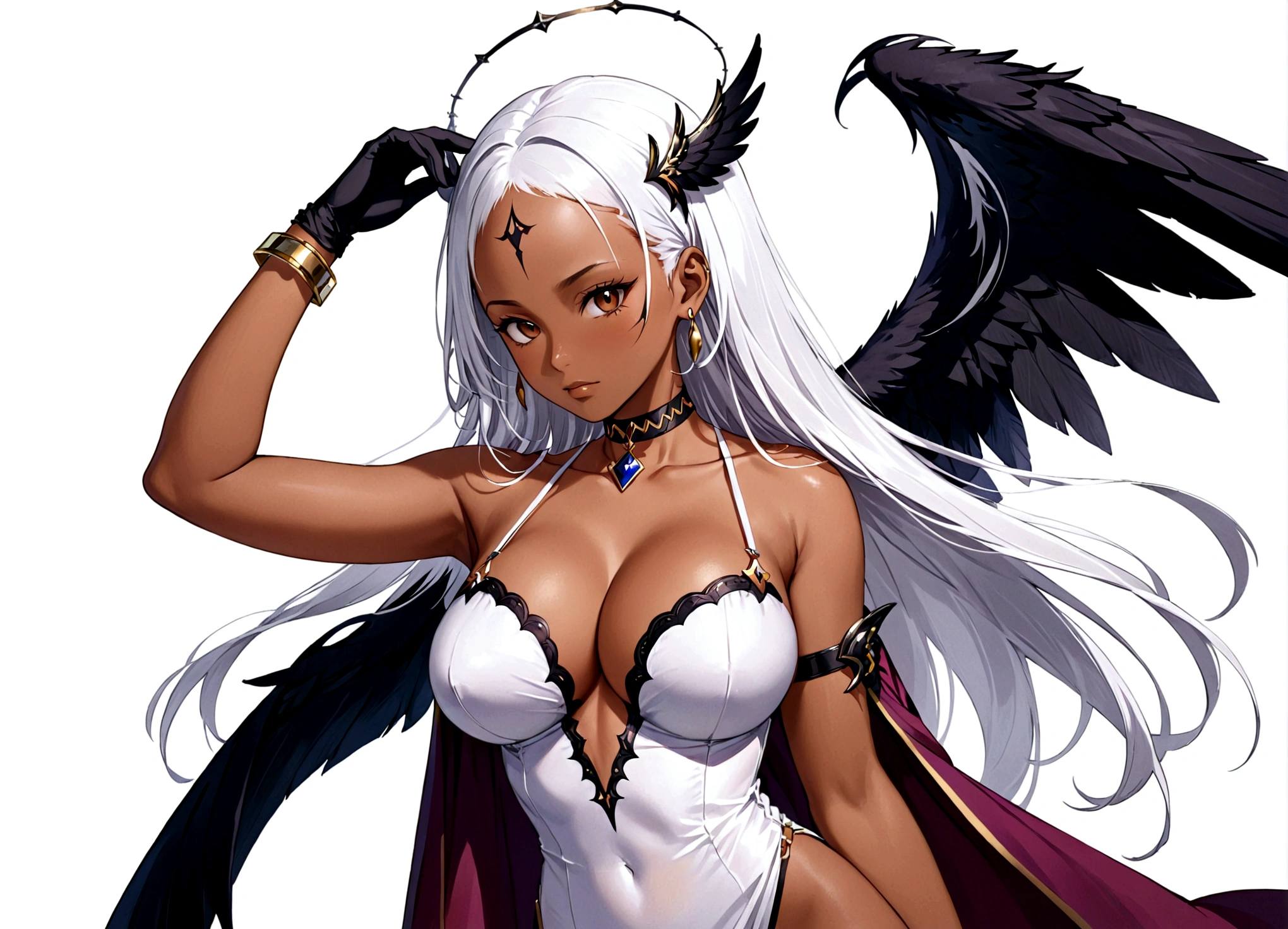 1girl, solo, long hair, breasts, large breasts, gloves, white background, dress, cleavage, jewelry, white hair, wings, choker, elbow gloves, dark skin, armpits, cape, arms up, bracelet, dark-skinned female, facial mark, forehead mark, center opening