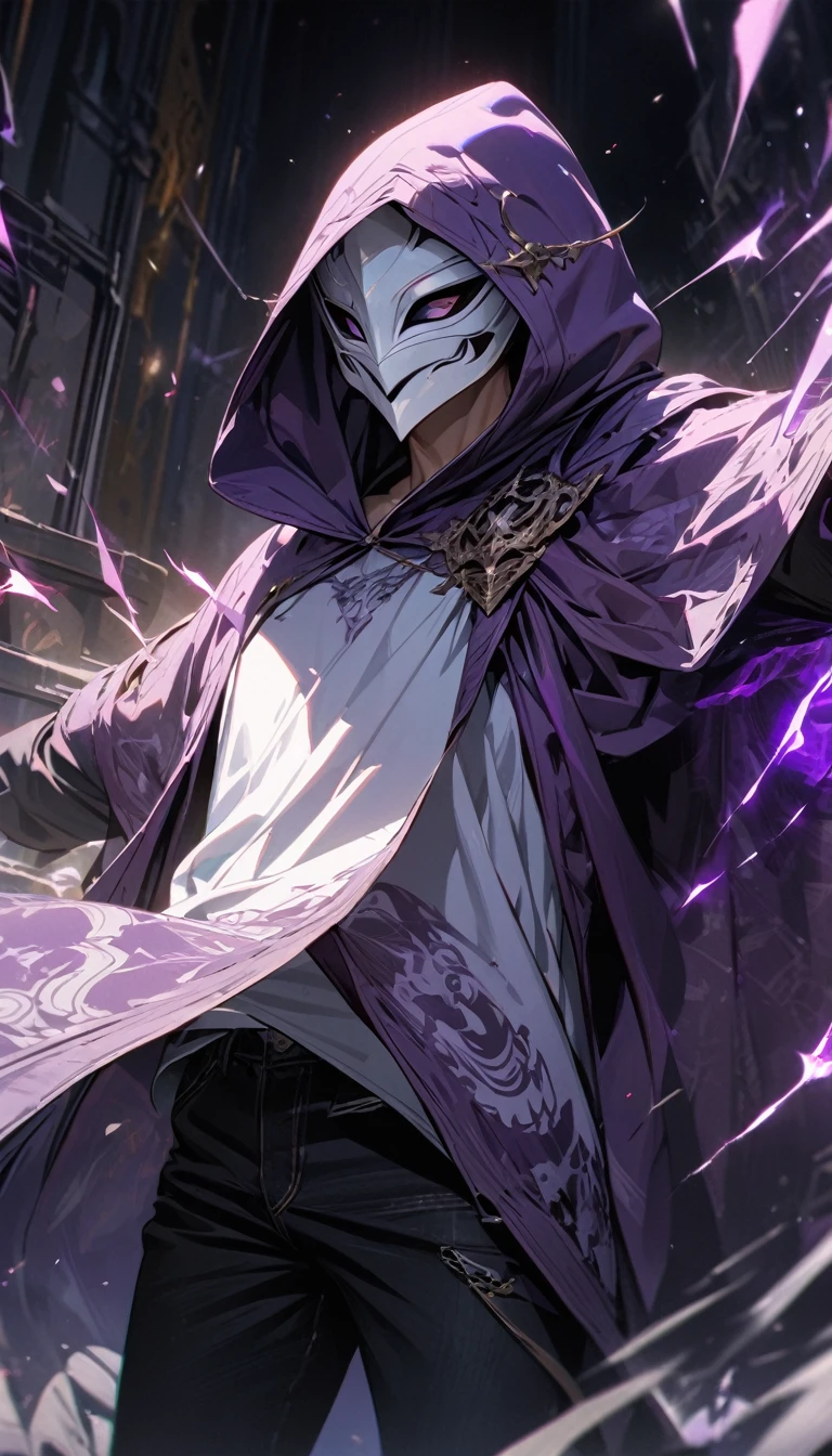 Adult guy, white villainous mask, purple hood and cloak, white T-shirt, purple print on T-shirt, black jeans, magic masks flying around, Masterpiece, best quality, Full HD, 8k, ultra details, great graphic