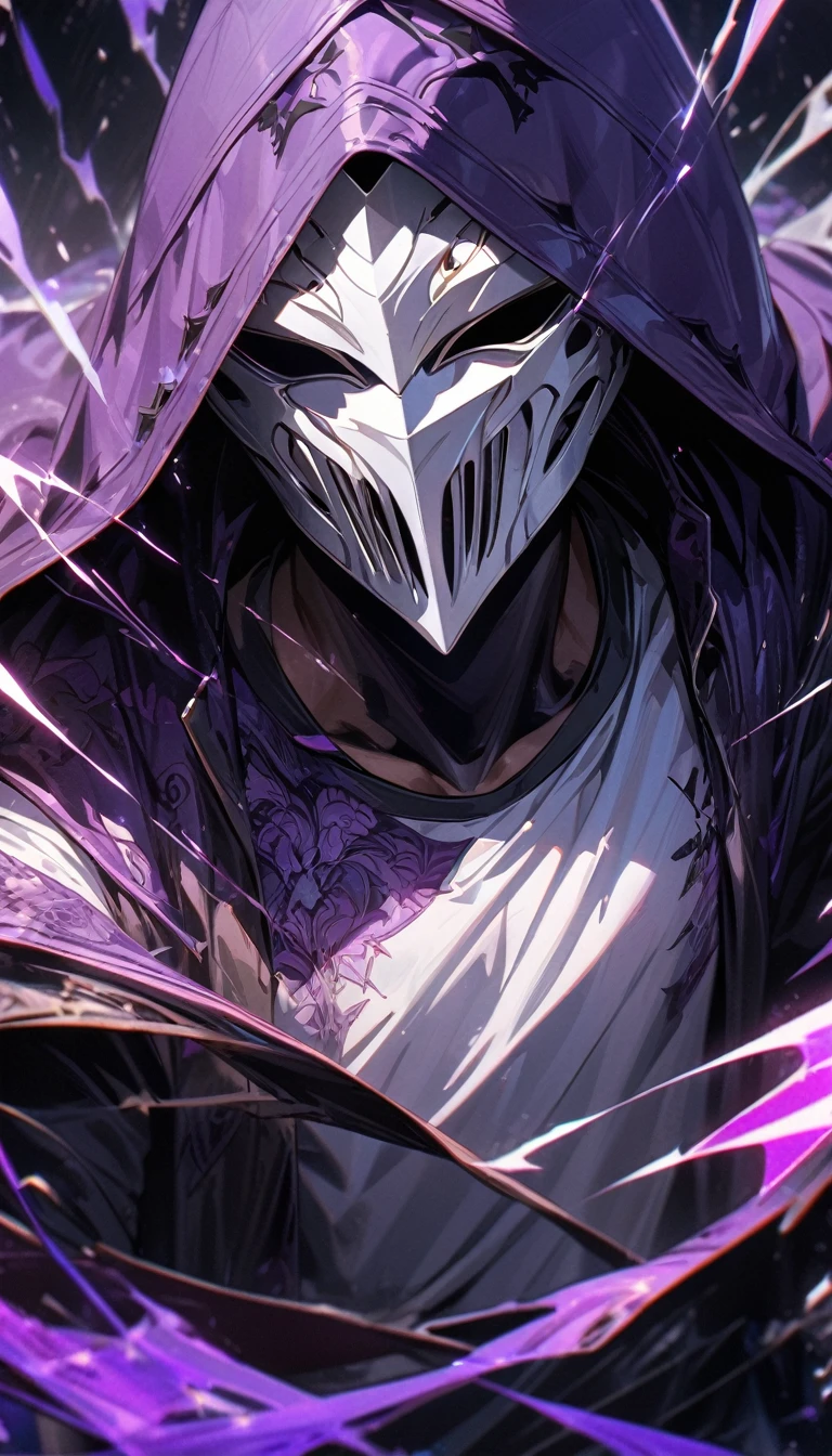 Adult guy, white villainous mask, purple hood and cloak, white T-shirt, purple print on T-shirt, black jeans, magic masks flying around, Masterpiece, best quality, Full HD, 8k, ultra details, great graphic