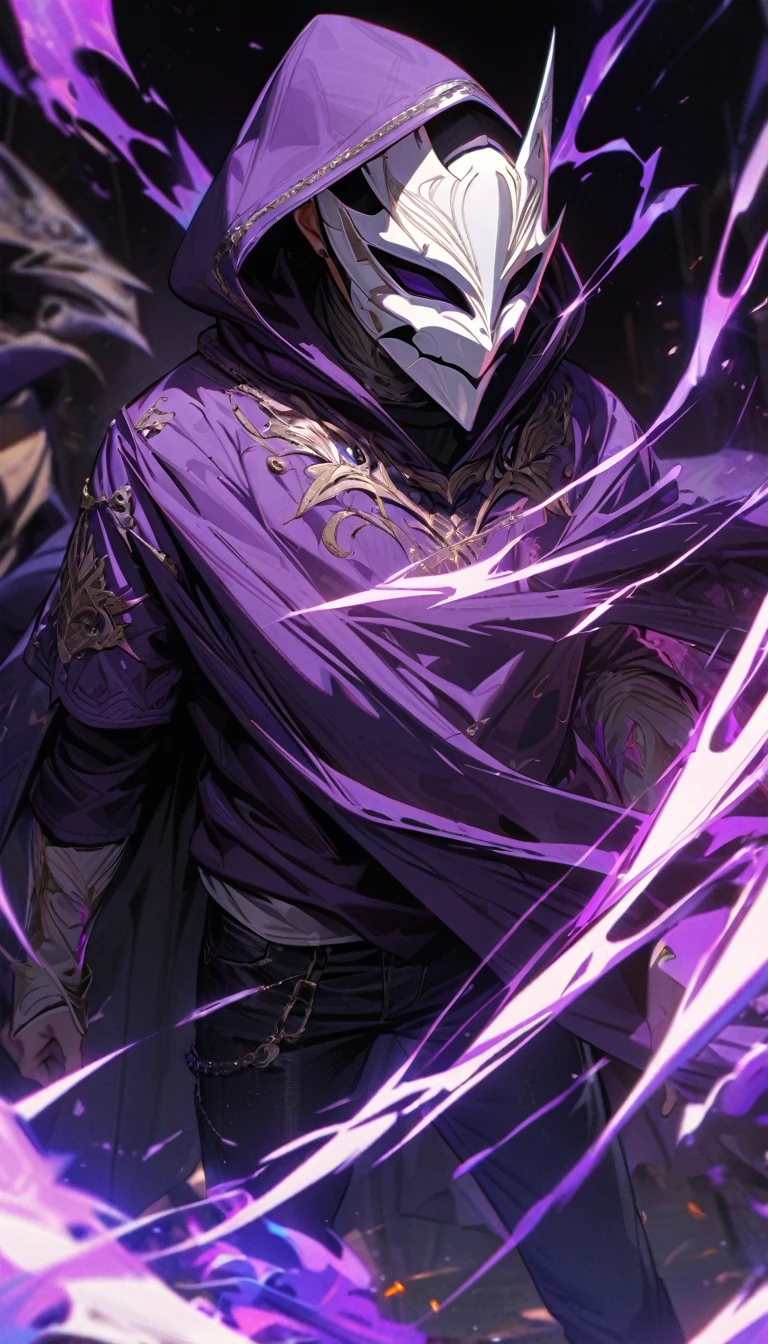 Adult guy, white villainous mask, purple hood and cloak, white T-shirt, purple print on T-shirt, black jeans, magic masks flying around, Masterpiece, best quality, Full HD, 8k, ultra details, great graphic