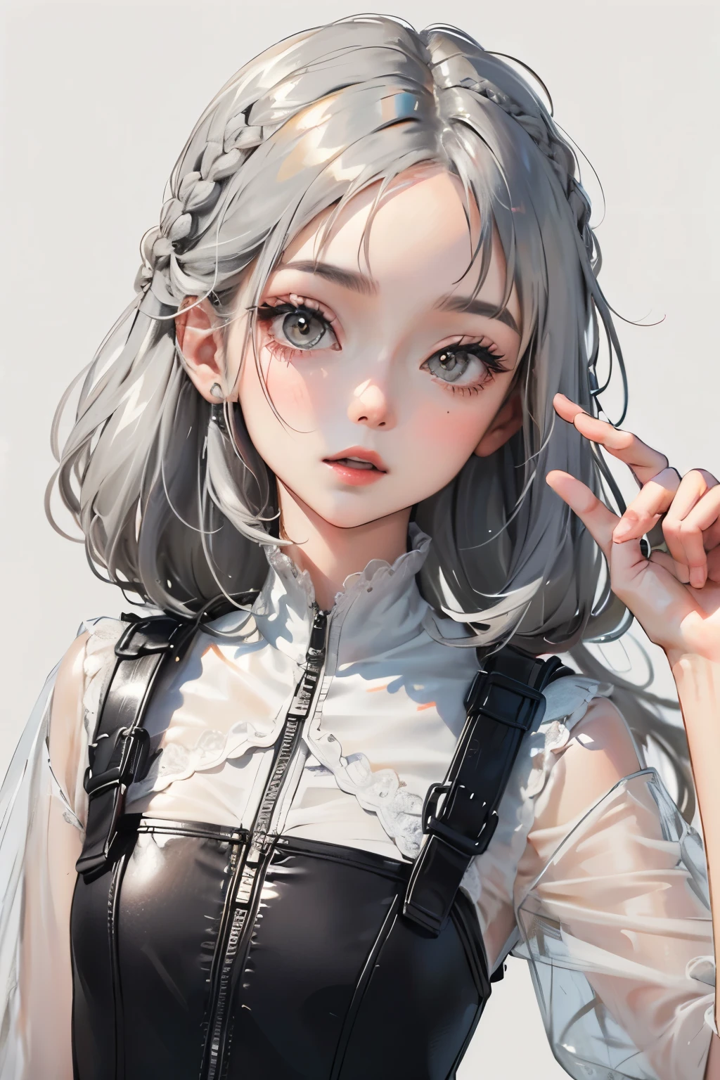 (No background), ((cute)), (Gray Hair), (Braid), 胸チラ,