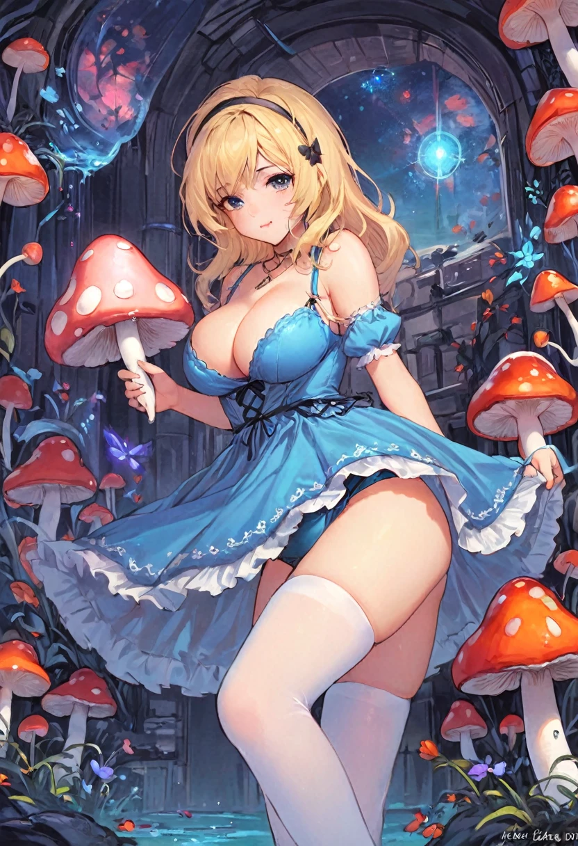 a beautiful 20 year old blonde woman with big messy hair in a blue dress, white stockings, black headband, cleavage, holding a glowing mushroom, fantasy art style, rossdraws cartoon vibrant, alice x. zhang, alice in wonderland cyberpunk, cute detailed digital art, colorfull digital fantasy art, digital fantasy art ), glossy digital painting, rossdraws pastel vibrant, rossdraws 2. 5, rossdraws 1. 0