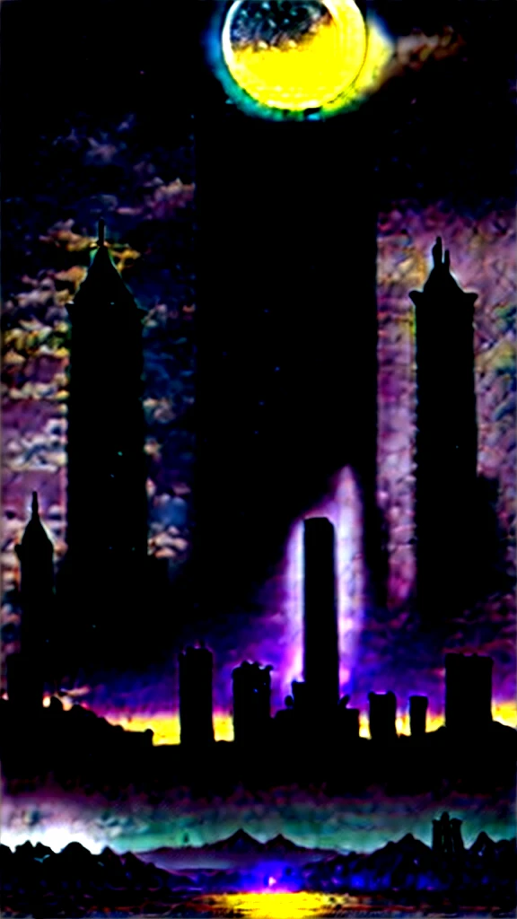 1970’s dark fantasy book cover paper art dungeons and dragons style drawing of A beautiful night landscape, of a battlefield, on the horizon you can see an immense tower that rises to the clouds.the night is lit by two moons in the sky. --ar 9:16