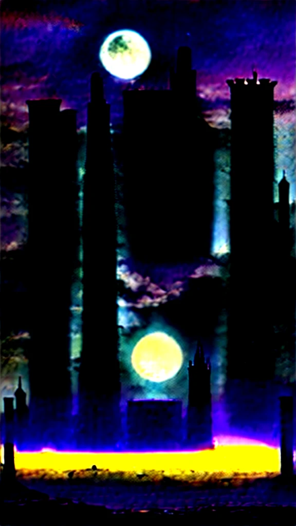 1970’s dark fantasy book cover paper art dungeons and dragons style drawing of A beautiful night landscape, of a battlefield, on the horizon you can see an immense tower that rises to the clouds.the night is lit by two moons in the sky. --ar 9:16