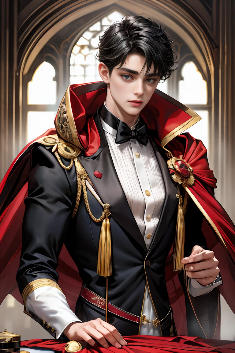 masterpiece, 最high quality, high quality, 1 boy, alone, Male focus, Watching the audience, Messy black hair, Adorable big blue eyes, White people, Noble, Noble,Sexy voluminous black and red cape、Tuxedo、A very voluminous, large, very large, very large, long, long red and black cape with a high stand-up collar, reaching down to the floor, made of a lot of fabric., 17 years old,Cute beautiful boys,Cute, cute, kind, handsome guy