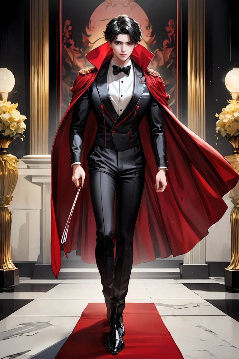 masterpiece, 最high quality, high quality, 1 boy, alone, Male focus, Watching the audience, Messy black hair, Adorable big blue eyes, White people, Noble, Noble,Sexy voluminous black and red cape、Tuxedo、A very voluminous, large, very large, very large, long, long red and black cape with a high stand-up collar, reaching down to the floor, made of a lot of fabric., ,Cute beautiful boys,Cute, cute, kind, handsome guy