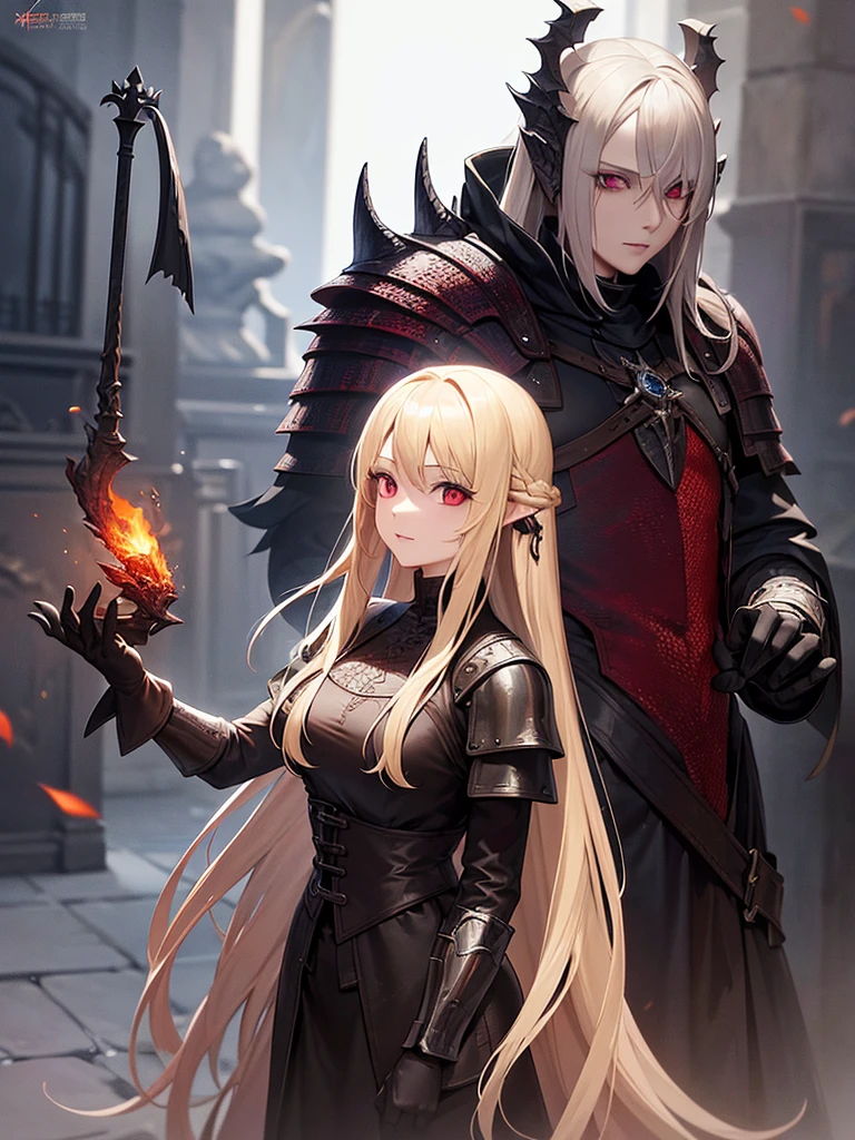 An adult woman with long blonde hair and red eyes. She would have dragon features: wings and sharp pupils like a dragon.
She would also wear dark souls-style body armor.
Artwork based on dark souls, gothic style.