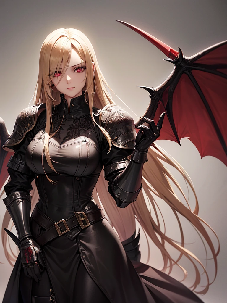An adult woman with long blonde hair and red eyes. She would have dragon features: wings and sharp pupils like a dragon.
She would also wear dark souls-style body armor.
Artwork based on dark souls, gothic style.