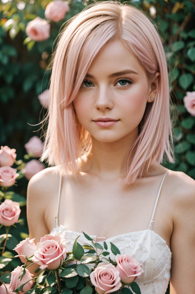 8k, RAW photo, Fujifilm, style photo of a beautiful young woman as avril in a garden of light pink roses (highly detailed skin: 1.2) Style-Petal BREAK short hair, blonde hair with colored locks, wearing a dress, film granulation, 35mm, cute style