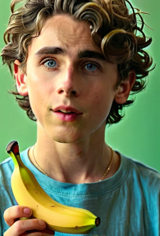 There was a young man holding a banana in his hand, Pretty Boy, Timothy Chalamet, his frank blue eyes, YouTube 视频screenshot, 音乐视频screenshot, a24 电影photography, Declan McKenna, screenshot, High-quality movie stills, a24!photography, he has short curly brown hair, screenshot, tyler