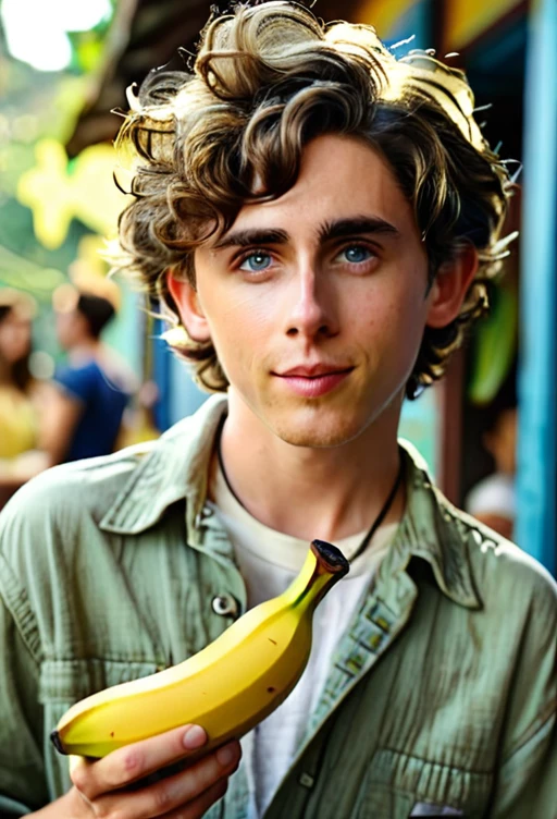 There was a young man holding a banana in his hand, Pretty Boy, Timothy Chalamet, his frank blue eyes, YouTube 视频screenshot, 音乐视频screenshot, a24 电影photography, Declan McKenna, screenshot, High-quality movie stills, a24!photography, he has short curly brown hair, screenshot, tyler