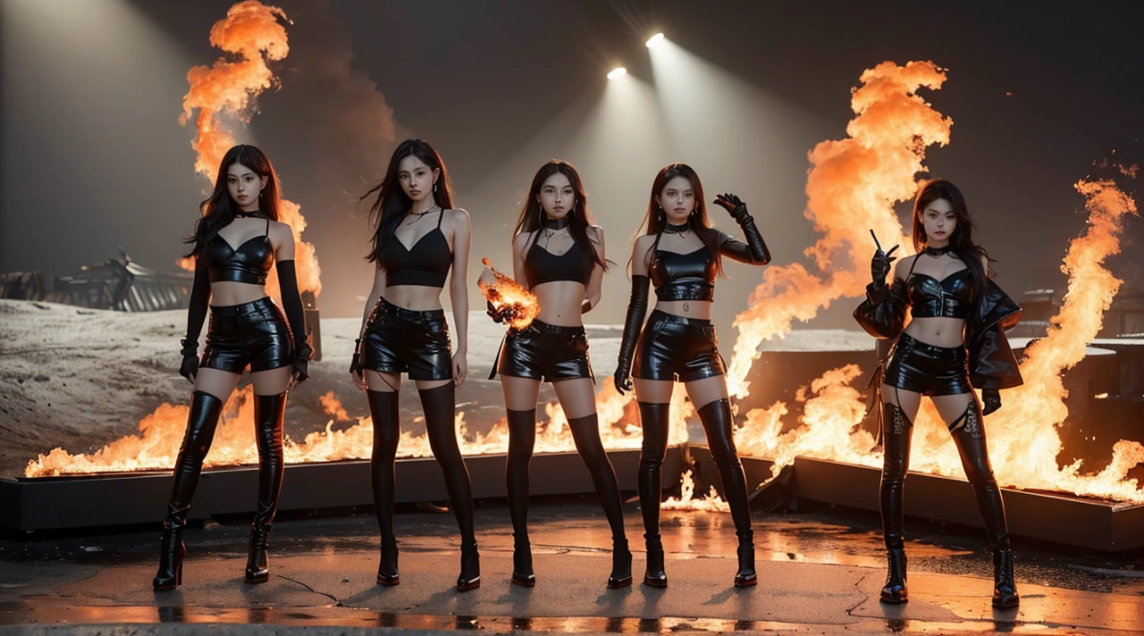 A dramatic scene where the 4 members of the girl group are surrounded by swirling smoke and small bursts of fire. They are standing strong, unaffected by the chaos around them, symbolizing their dominance and resilience.
Colors: Dark gray and black for the smoke, bright orange and red for the fire, with the members in dark outfits with metallic accents.