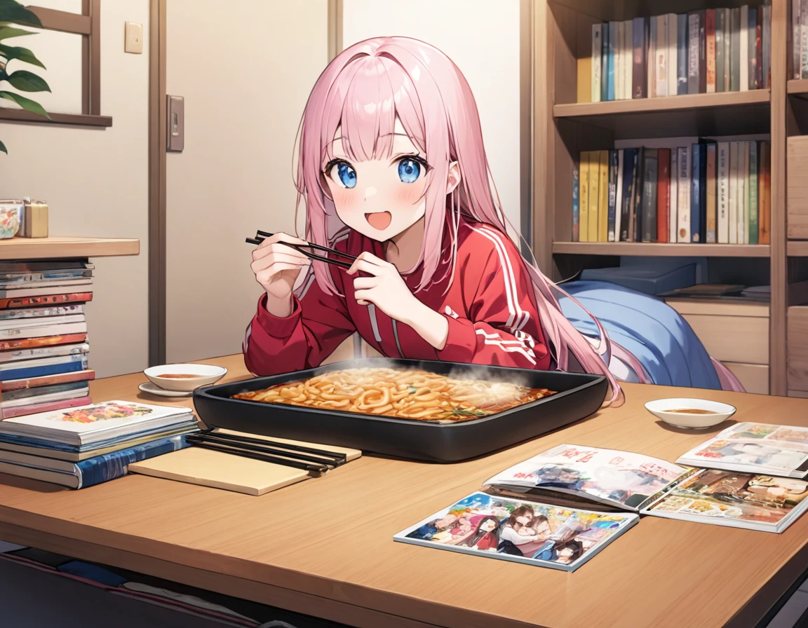 (8K, best quality, master piece: 1.2), super high resolution,1 cute girl,16yo,独奏,ultra-detailed face,detailed eyes,blue eyes,happy,Lily Pink hair,Straight hair,Long hair,Tracksuits,seiza at a table,perfect hands, perfect fingers,holding chopsticks,eating udon in a bowl,(kotatsu:1.1),indoors,A bookshelf lined with manga,room