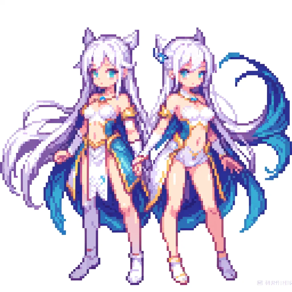 masterpiece , best quality , pixel art , 2 girl , fantasy clothes , full body , white background , twins