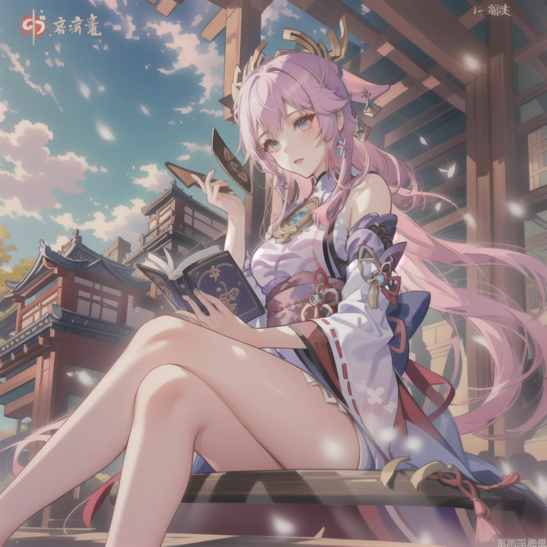 anime girl with pink hair sitting on a bench with a book in her hand, cushart krenz key art feminine, genshin, keqing from genshin impact, yae miko genshin impact, ayaka game genshin impact, yae miko from genshin impact, genshin impact character, trending on cgstation, official art, genshin impact