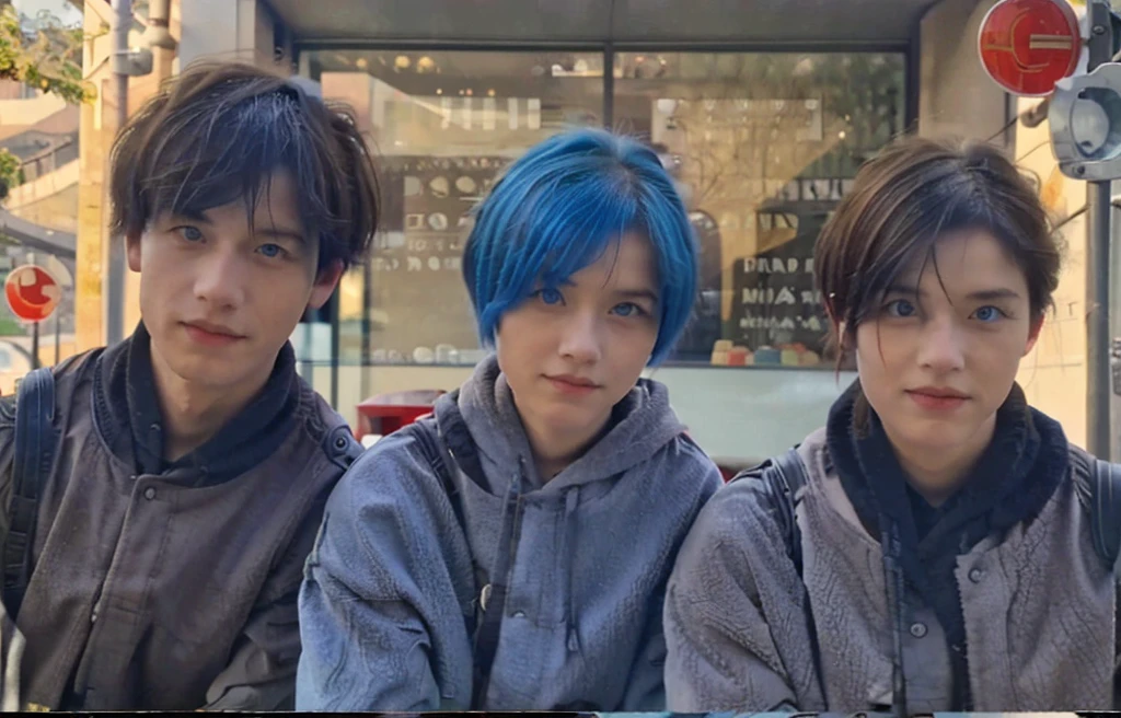 A young military couple on the streets of Chicago 
1girl 1boy Walking short hair tomboy hair blue eyes red eyes 